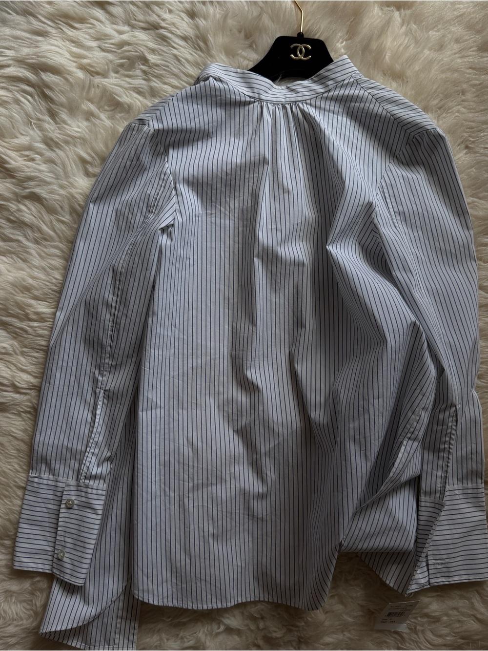 Tibi White Dress Shirt with Navy Pinstripes